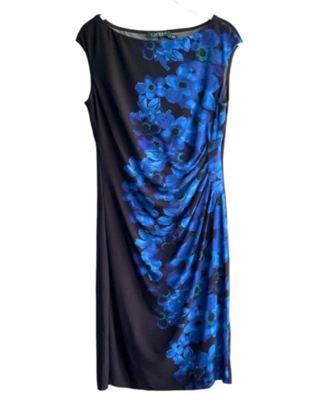Lauren Ralph Lauren Floral Accent Dress Cap Sleeve Sheath Black Blue Size 8